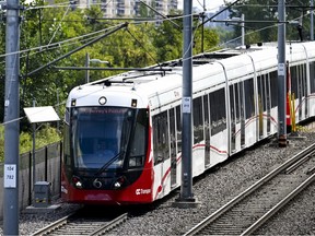 An OC Transpo train makes its way along Line 1 on Monday, Aug. 31, 2026.