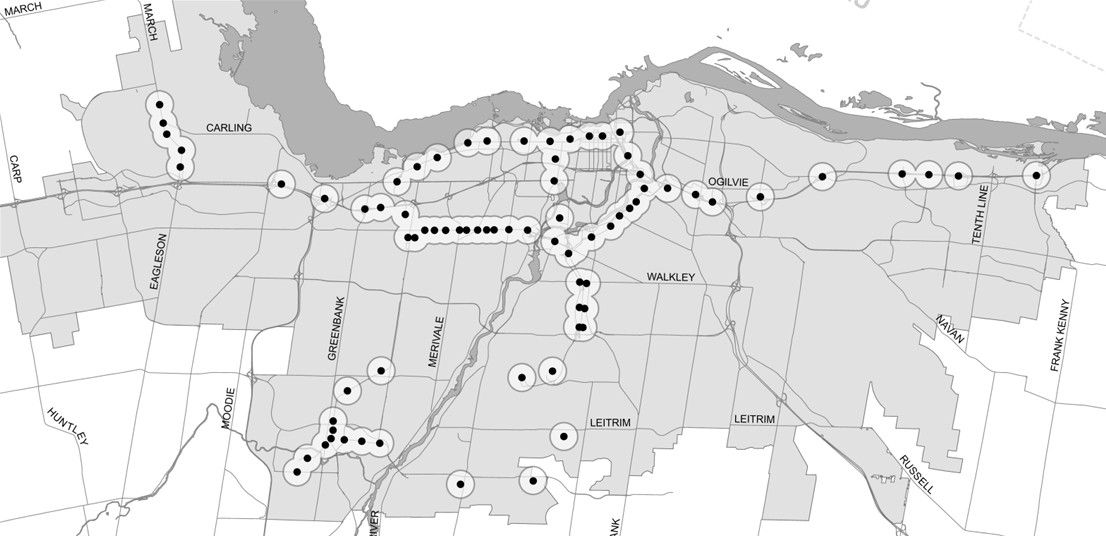 City of Ottawa map showing bubbles around select transit stations chosen for a temporary parking plan. City of Ottawa map showing bubbles around select transit stations chosen for a temporary parking plan.