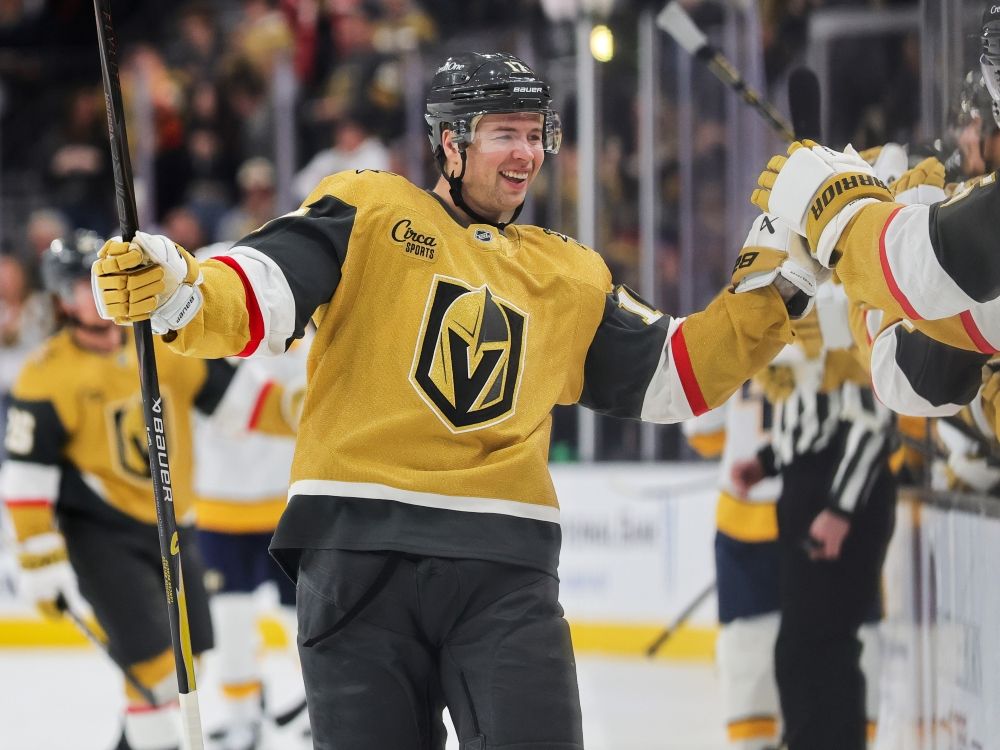 Ben Hutton of the Vegas Golden Knights celebrates with teammates after scoring during a game last season. Ben Hutton of the Vegas Golden Knights celebrates with teammates after scoring during a game last season.