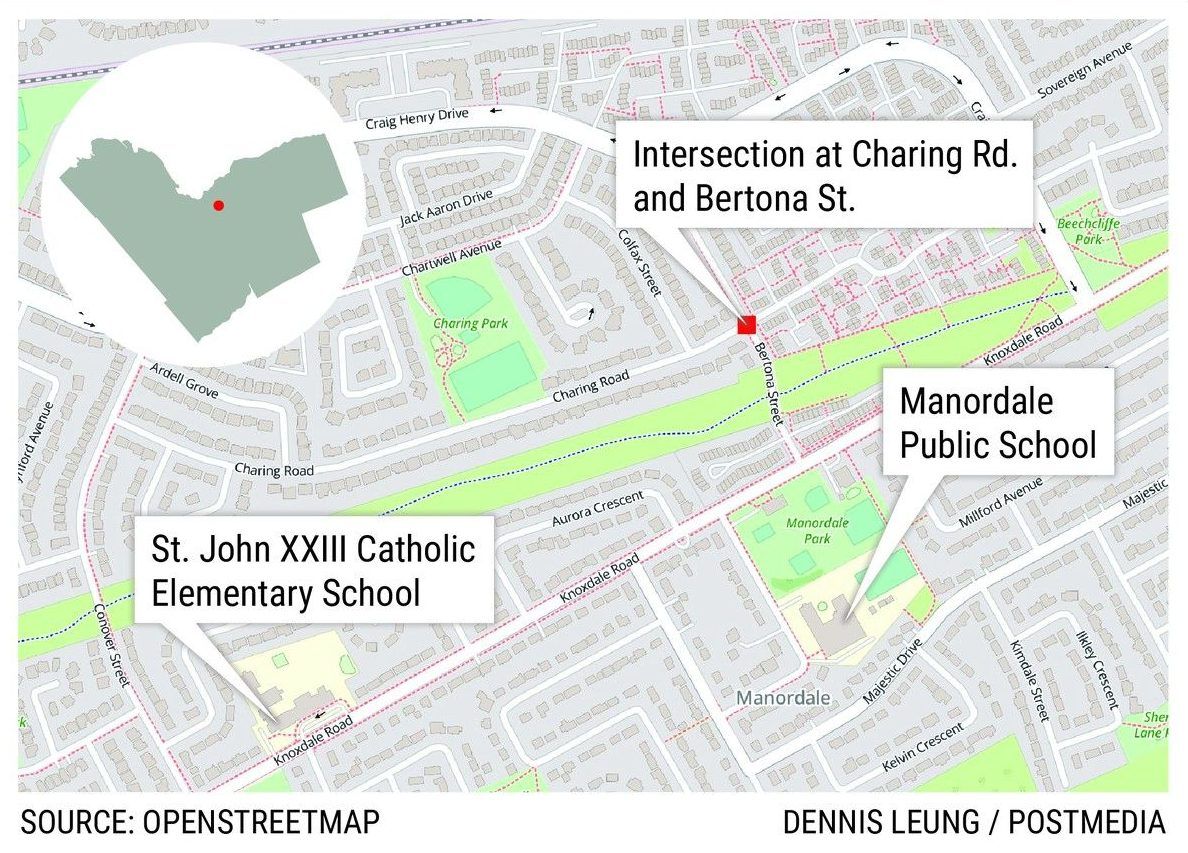 Intersection at Charing Road and Bertona Street where local parents say traffic is making it dangerous for their kids to get to school. Intersection at Charing Road and Bertona Street where local parents say traffic is making it dangerous for their kids to get to school.