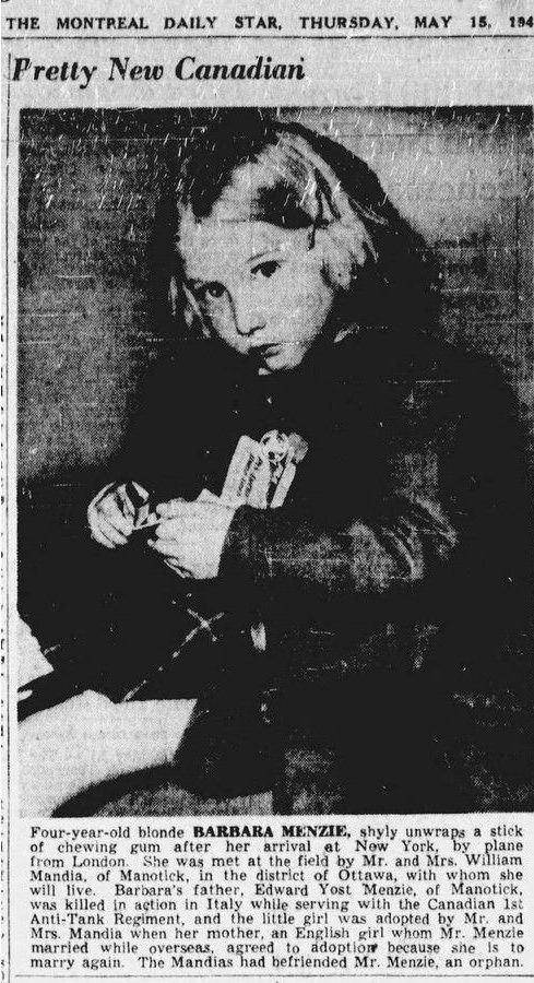 A clipping from the Montreal Star shows some of the coverage the arrival of Barbara Menzie, who was a child when her mother put her on a plane from England to North America. A clipping from the Montreal Star shows some of the coverage the arrival of Barbara Menzie, who was a child when her mother put her on a plane from England to North America.