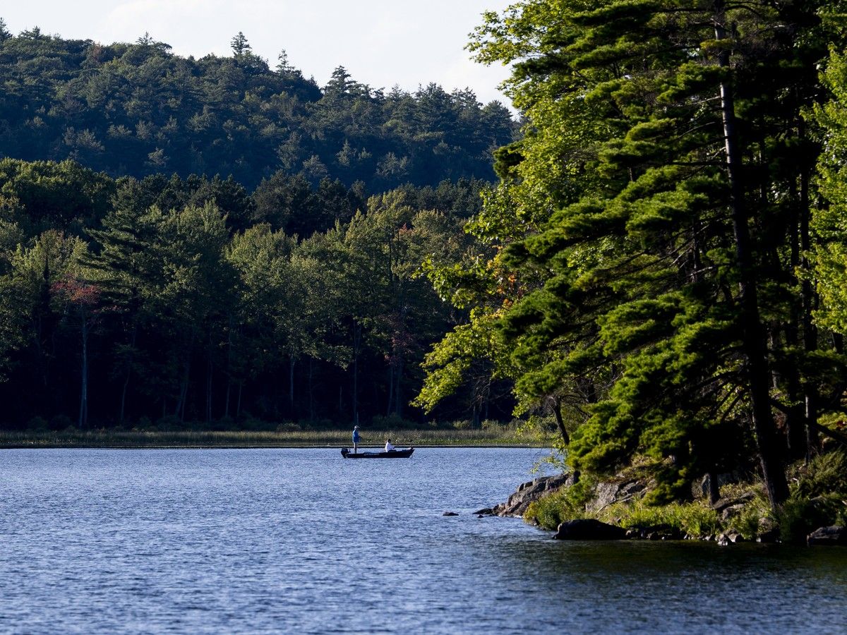  A pair of fishermen on a motorized boat on La Pêche Lake near Le Haven Que., on Friday, Aug. 28, 2026.