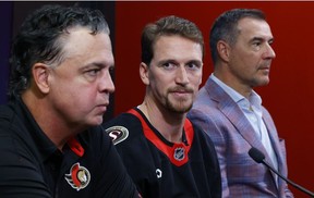 Ottawa Senators coach Travis Green, new captain Thomas Chabot and general manager Steve Staios are seen during a news conference on Tuesday, Sept. 29, 2026.