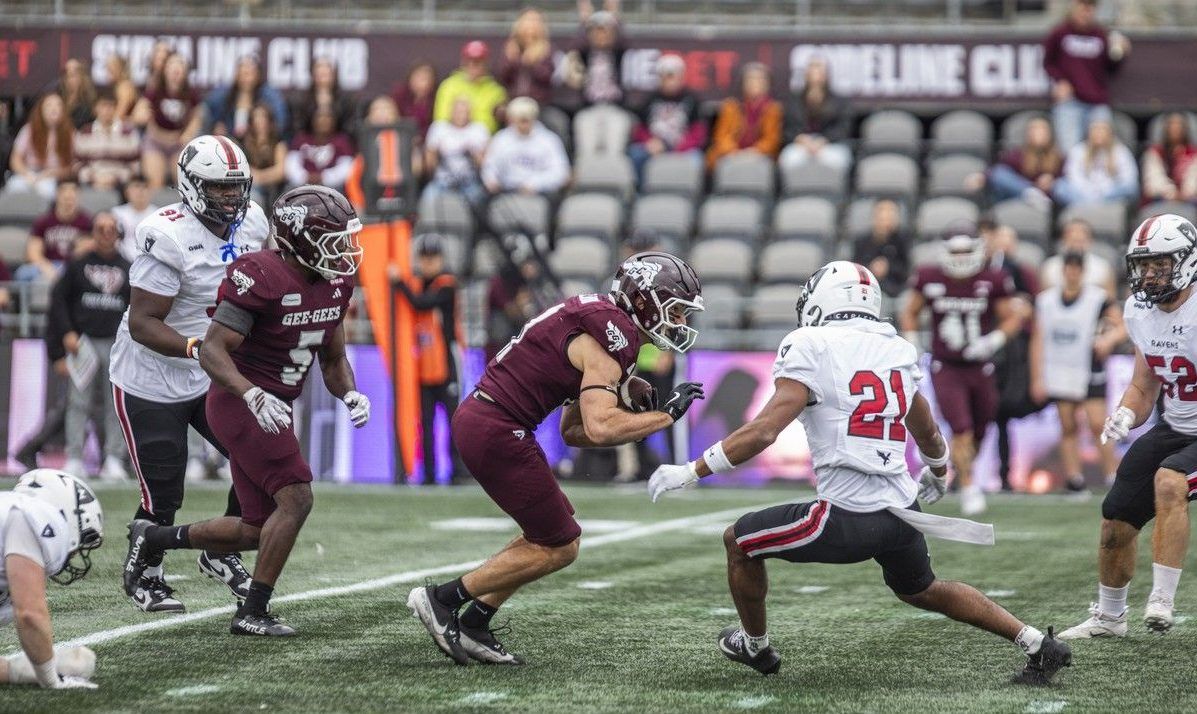  The Carleton Ravens take on the University of Ottawa Gee-Gees in the annual Panda Game at TD Place in Ottawa on Sunday, Oct. 4, 2026. Gee-Gee Robin Collioud tries to get the ball past Raven Joshua Awoodzie.