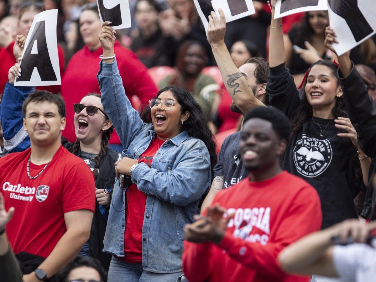 Carleton Ravens fans react to the action during the annual Panda Game against the University of Ottawa Gee-Gees at TD Place in Ottawa on Sunday, Oct. 4, 2026.