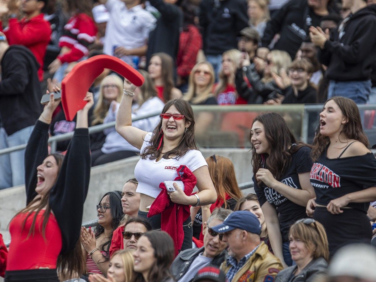  Carleton Ravens fans react to the action during the annual Panda Game against the University of Ottawa Gee-Gees at TD Place in Ottawa on Sunday, Oct. 4, 2026.