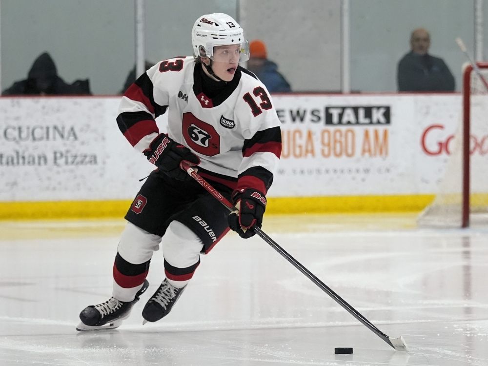 Ondrej Ruml of the Ottawa 67's carries the puck against the Brampton Steelheads during a game earlier this year.