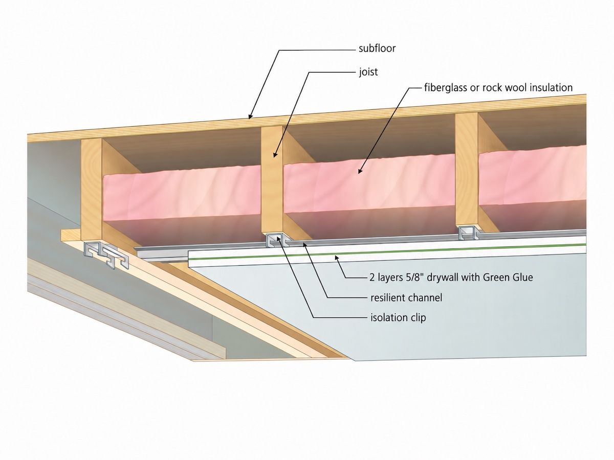 A double layer of 5/8”-thick drywall on resilient channel with acoustic batt insulation between joists is a simple and effective way to reduce sound transmission through ceilings.