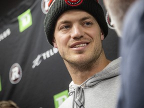 Redblacks wide receiver Ayden Eberhardt speaks with members of the media during the Ottawa Redblacks' end-of-season media availability at TD Place in Ottawa on Sunday, Oct. 25, 2026.