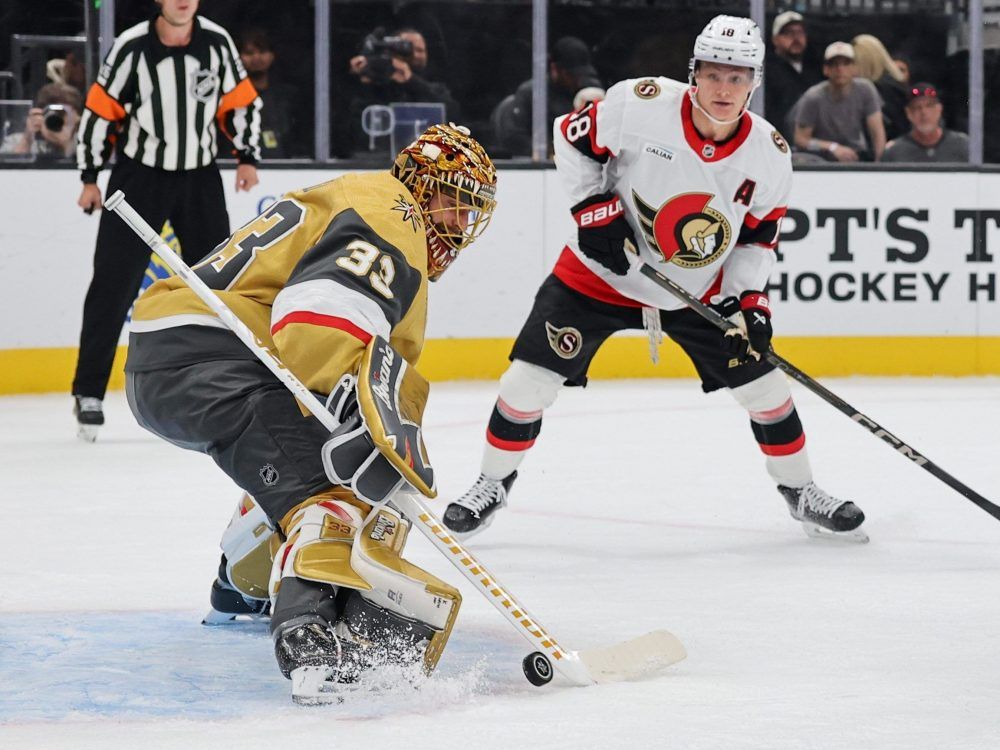 Adin Hill of the Vegas Golden Knights makes a save