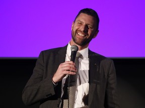 Mayoral candidate Alex Lawson speaks to his supporters at the Sky Lounge on Monday.