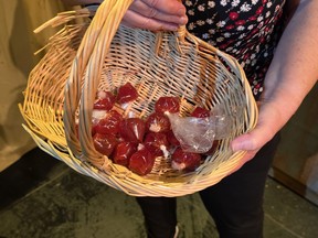 A basket of fake blood packets.