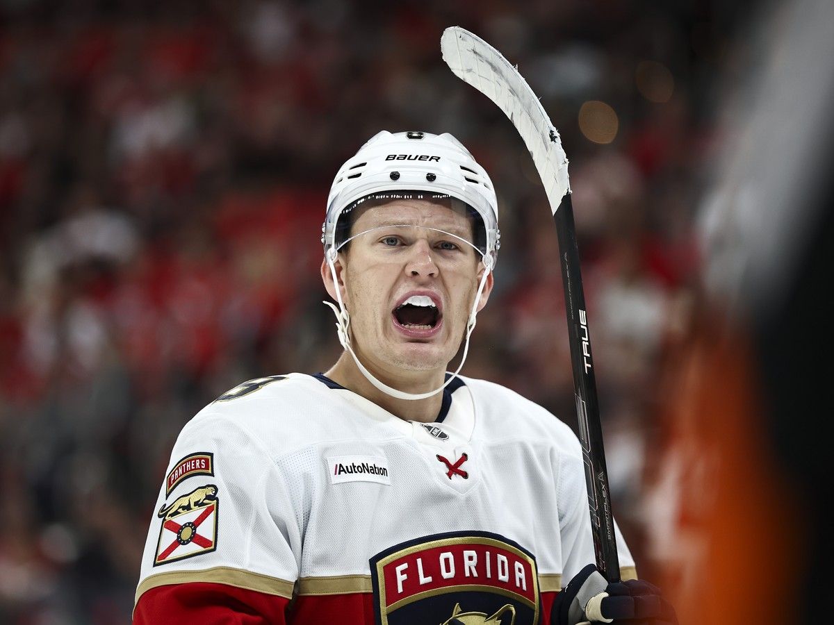 Brady Tkachuk of the Florida Panthers reacts during the third period of the game against the Carolina Hurricanes. When the Senators' former captain returns to Ottawa, fans should great his tribute with silence, not boos.