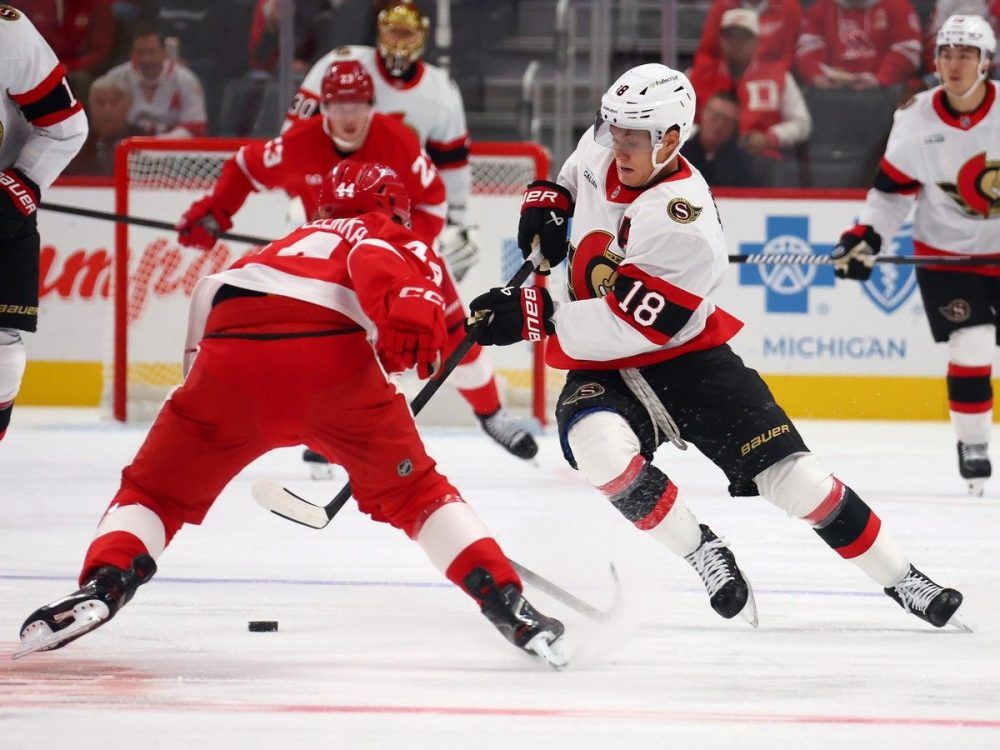Tim Stützle of the Ottawa Senators battles for the puck against Axel Sandin-Pellikka of the Detroit Red Wings. Tim Stützle of the Ottawa Senators battles for the puck against Axel Sandin-Pellikka of the Detroit Red Wings.