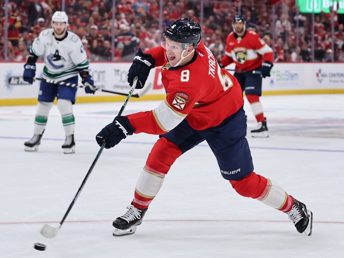 The Florida Panthers' Brady Tkachuk takes a shot during a game at Amerant Bank Arena on Oct. 15, 2026, in Sunrise, Fla.