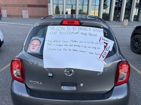Brady Tkachuk's past words and promises are left taped on the rear window of a hatchback in the Canadian Tire Centre's Gate 3 parking lot before the NHL contest between the Ottawa Senators and Florida Panthers on Wednesday, Oct. 21, 2026.