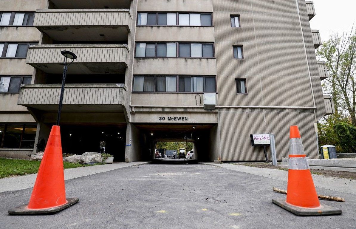 Construction cones block the driveway entrance to 30 McEwen Ave. on Monday, Oct. 12, 2026.