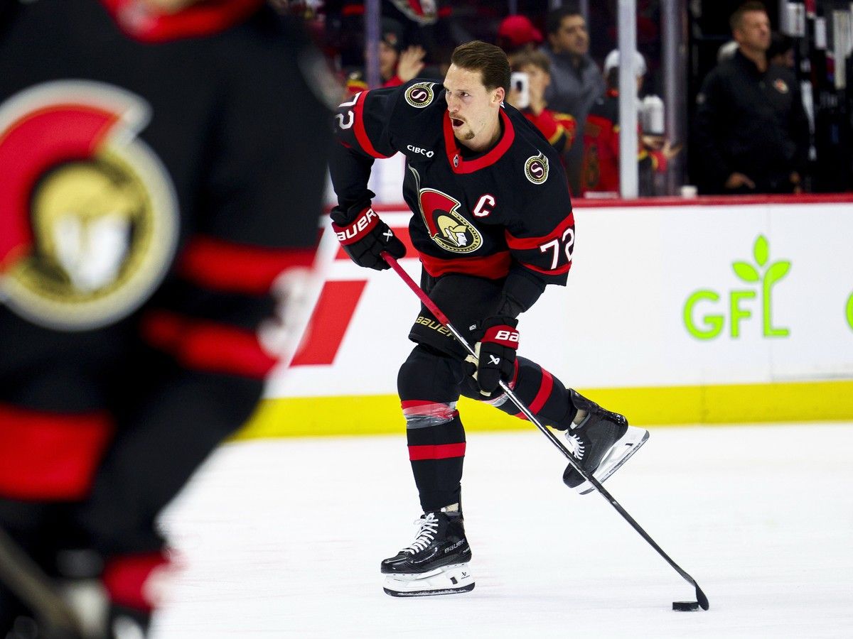 The Ottawa Senators' Thomas Chabot takes part in warmup ahead of a game on Oct. 8, 2026.