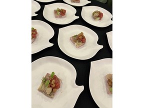 La Petite Primerose served dry-aged pork terrine with wild apple mostarda, pickled ramp, fig leaf, apricot and black walnut the 2026 Ottawa Citizen Best Restaurants event at the National Arts Centre.