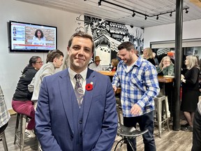 Coun. Clarke Kelly stands in front of his watch party attendees election night at Kinburn's Covered Bridge Brewery. Photo by Sophia Laporte/Special to the Citizen