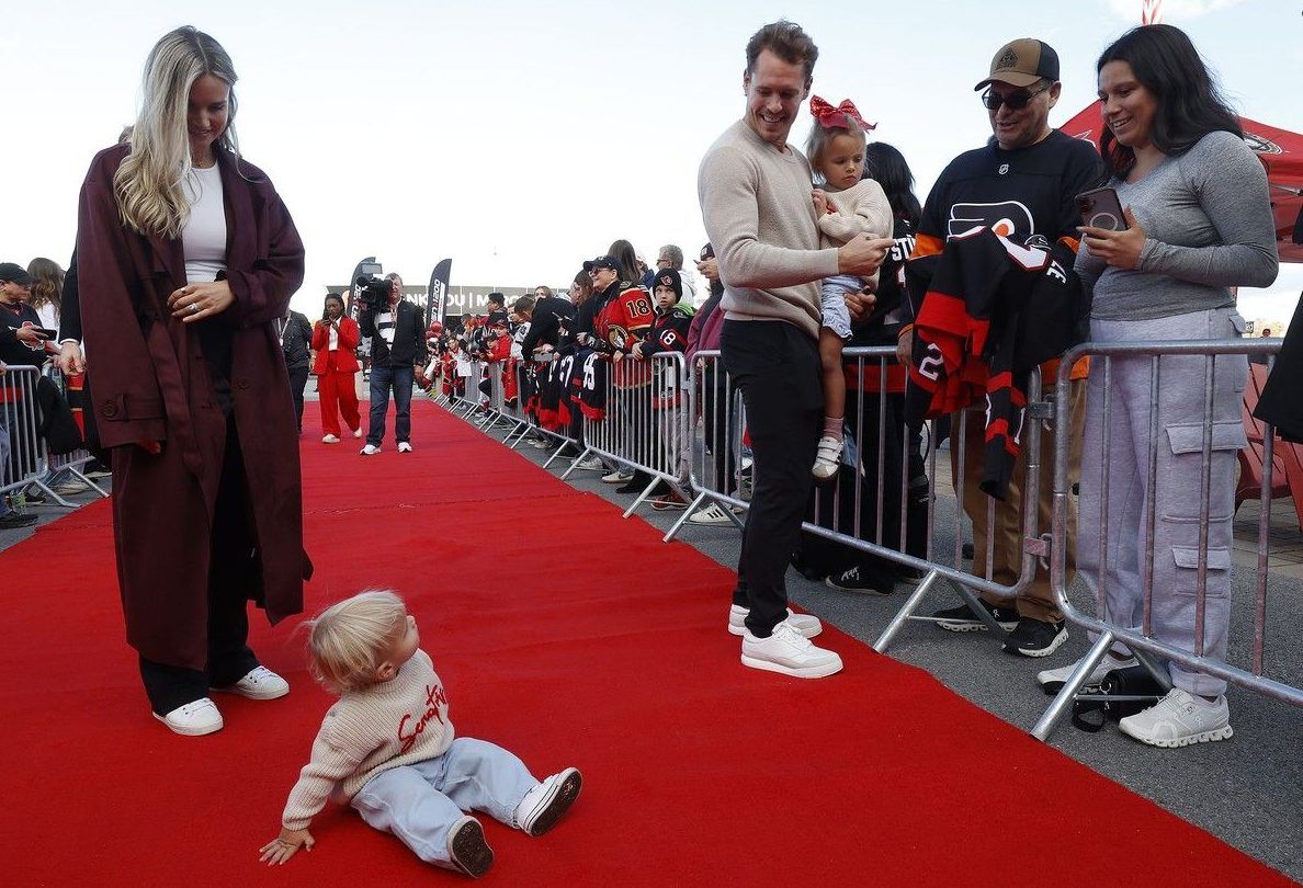 Ottawa Senators winger Nick Cousins holds daughter Harpur in his arms while wife Nina keeps an eye on son Max on the red carpet. Ottawa Senators winger Nick Cousins holds daughter Harpur in his arms while wife Nina keeps an eye on son Max on the red carpet.