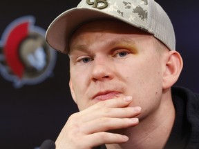Brady Tkachuk is seen while talking to the media at the Canadian Tire Centre on April 27, 2026.