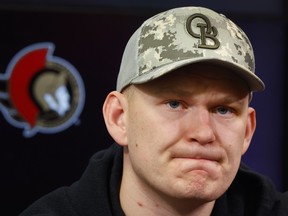 Brady Tkachuk talks to the media at the Canadian Tire Centre on April 27, 2026.