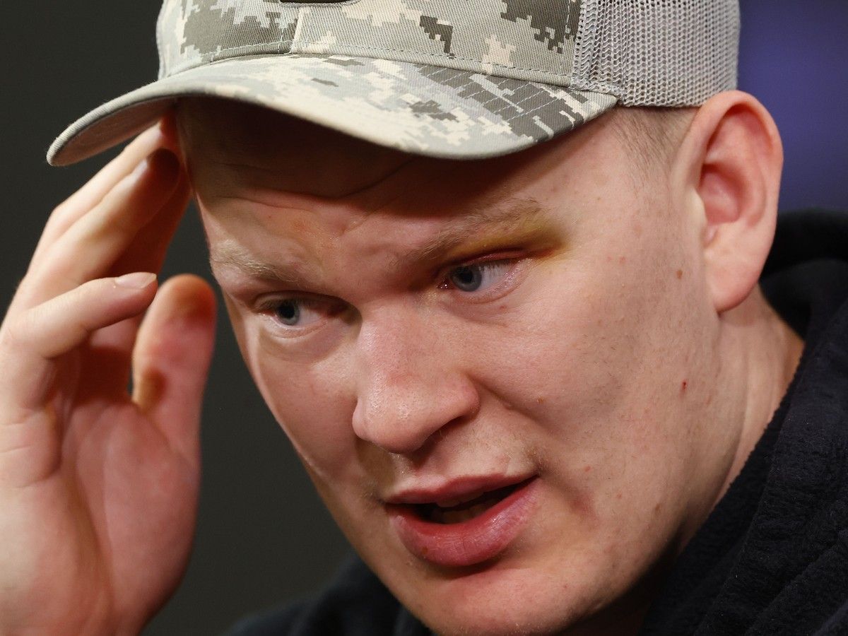 Brady Tkachuk is seen talking to the media at the Canadian Tire Centre in April 2026.