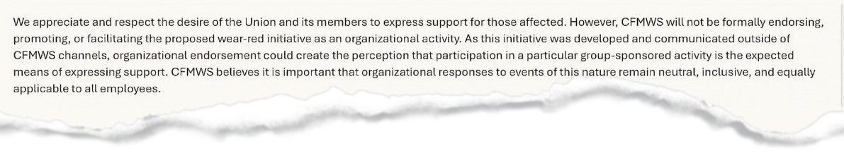 An excerpt from the Canadian Forces Morale and Welfare Services pointing out it didn’t endorse the Red Shirt Day tribute. An excerpt from the Canadian Forces Morale and Welfare Services pointing out it didn’t endorse the Red Shirt Day tribute.