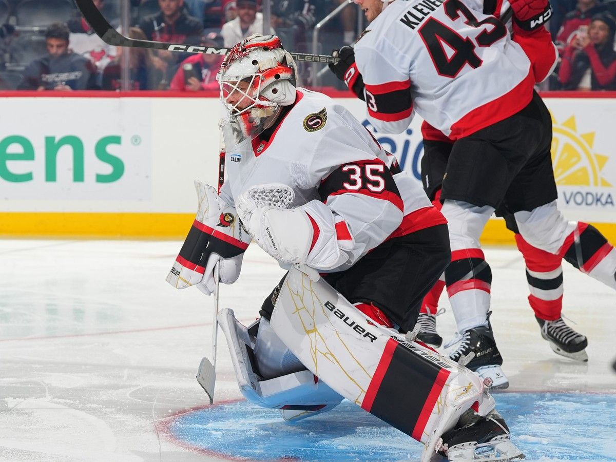 Ottawa Senators goalie Linus Ullmark keeps his eyes on the play in front of him during the first period of the game against the New Jersey Devils on Monday, Oct. 12, 2026, at the Prudential Center in Newark.