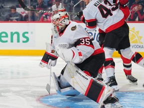 Ottawa Senators goalie Linus Ullmark keeps his eyes on the play in front of him during the first period of the game against the New Jersey Devils on Monday, Oct. 12, 2026, at the Prudential Center in Newark.