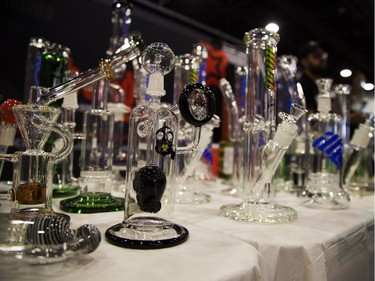 Glass bongs sit on display at the Cannabis & Hemp Expo Saturday October 28, 2017 at the Shaw Centre.