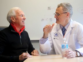 Ross Tuddenham, 77, who has Parkinsons, meets with University of Ottawa professor, Michael Schlossmacher at the Ottawa Hopsital's General campus Monday (October 16, 2017).  Julie Oliver/Postmedia
Julie Oliver, Postmedia