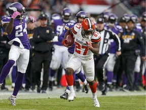 Matthew Dayes #27 of the  Cleveland Browns runs the ball during the NFL International Series match between Minnesota Vikings and Cleveland Browns at Twickenham Stadium on October 29, 2017 in London, England.