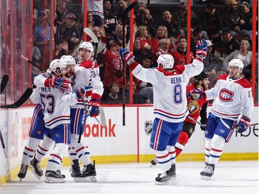 Canadiens players celebrate the second goal of the game by Alex Galchenyuk, second from left.  Jana Chytilova/Freestyle Photography/Getty Images