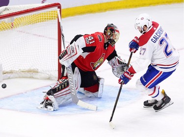 Canadiens forward Alex Galchenyuk (27) scores on a breakaway against Senators goalie Craig Anderson in the second period. THE CANADIAN PRESS/Sean Kilpatrick