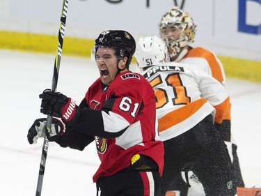 The Ottawa Senators' Mark Stone reacts after scoring on Philadelphia Flyers goalie Michal Neuvirth.