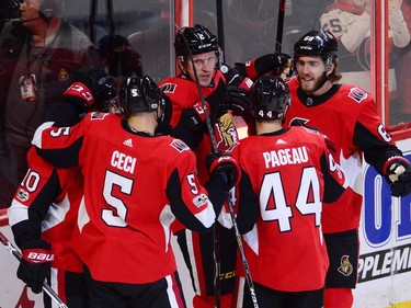 Ottawa Senators players celebrate a first period goal against the Los Angeles Kings during first period NHL action in Ottawa on Tuesday October 24, 2017. THE CANADIAN PRESS/Sean Kilpatrick