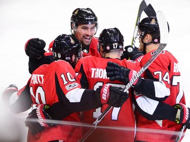 Ottawa Senators players celebrate a goal against the Los Angeles Kings during third period NHL action in Ottawa on Tuesday October 24, 2017. THE CANADIAN PRESS/Sean Kilpatrick ORG XMIT: SKP107
Sean Kilpatrick,