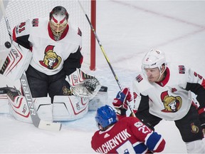 Senators defenceman Dion Phaneuf, right, tries to cut off Canadiens forward Alex Galchenyuk as he fires a shot on goalie Craig Anderson during a Sept. 30 pre-season contest in Montreal. THE CANADIAN PRESS/Graham Hughes