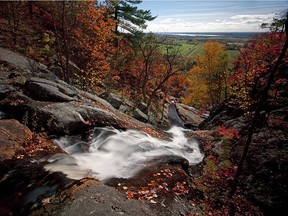 Luskville Falls looking down to the Ottawa Valley plain and the Ottawa River.