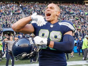 Tight end Jimmy Graham of the Seattle Seahawks celebrates after scoring the winning touchdown to beat the Houston Texans at CenturyLink Field on October 29, 2017 in Seattle.