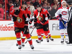 Ryan Dzingel of the Ottawa Senators celebrates a goal against the Montreal Canadiens on Oct. 30, 2017 (Getty)