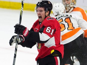 Ottawa Senators right winger Mark Stone reacts after scoring on the Philadelphia Flyers on Oct. 26, 2017. (THE CANADIAN PRESS/Adrian Wyld)
