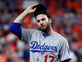 Brandon Morrow of the Los Angeles Dodgers looks on during the seventh inning against the Houston Astros in game five of the 2017 World Series at Minute Maid Park on Oct. 29, 2017 in Houston, Texas. (JAMIE SQUIRE/Getty Images)