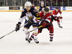 Ottawa 67’s defenceman Noel Hoefenmayer tries to get the puck from a member of the Barrie Colts. (ASHLEY FRASER/Postmedia Network)