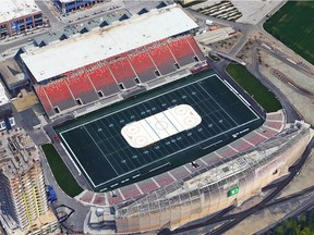 Google earth map with outdoor hockey rink superimposed on grounds of TD PLAce ( Lansdowne Park)