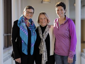 Rebecca Hollingsworth (left) and her sister Mary Ellen Hughson (right), who were diagnosed with breast cancer within a week of each other, launched a campaign to raise the final $250,000 for a $4-million state-of-the-art 3 Tesla magnetic resonance imaging scanner for The Ottawa Hospital's Breast Health Centre. They had raised $120,000 when Suzanne Halpenny (middle) read the story about the sisters in the Ottawa Citizen and decided to donate $250,000. They are pictured together at the Ottawa Civic Hospital on Nov. 22, 2017.