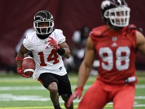 Calgary Stampeders' Roy Finch takes part in practice on Wednesday. (THE CANADIAN PRESS)