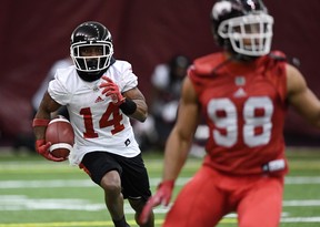 Calgary Stampeders' Roy Finch takes part in practice on Wednesday. (THE CANADIAN PRESS)
